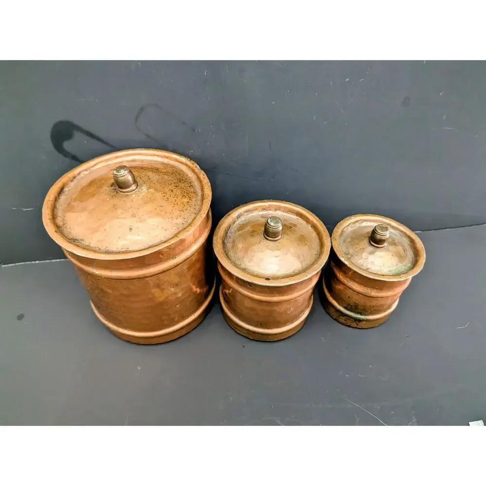 3 Piece Copper Canister Set Antique Tin Lined French Country Handmade Hammered